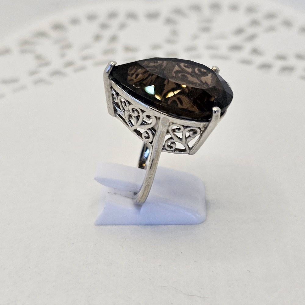 Natural 28 CT Brazilian Smoky Quartz Ring Sterling Silver & Platinum Sz 7! - Picture 5 of 10